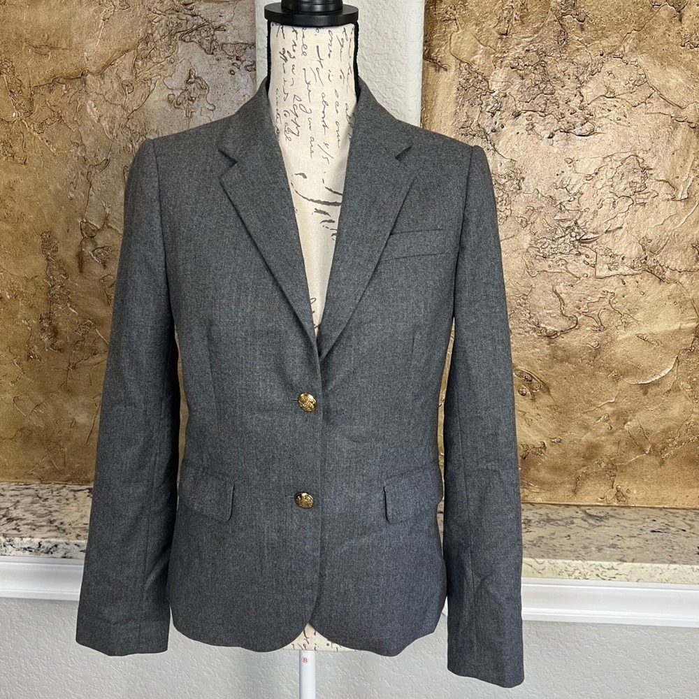 J.Crew Wool‎ Blazer Women 4 Gray Gold Button Academic Office Tailored Preppy